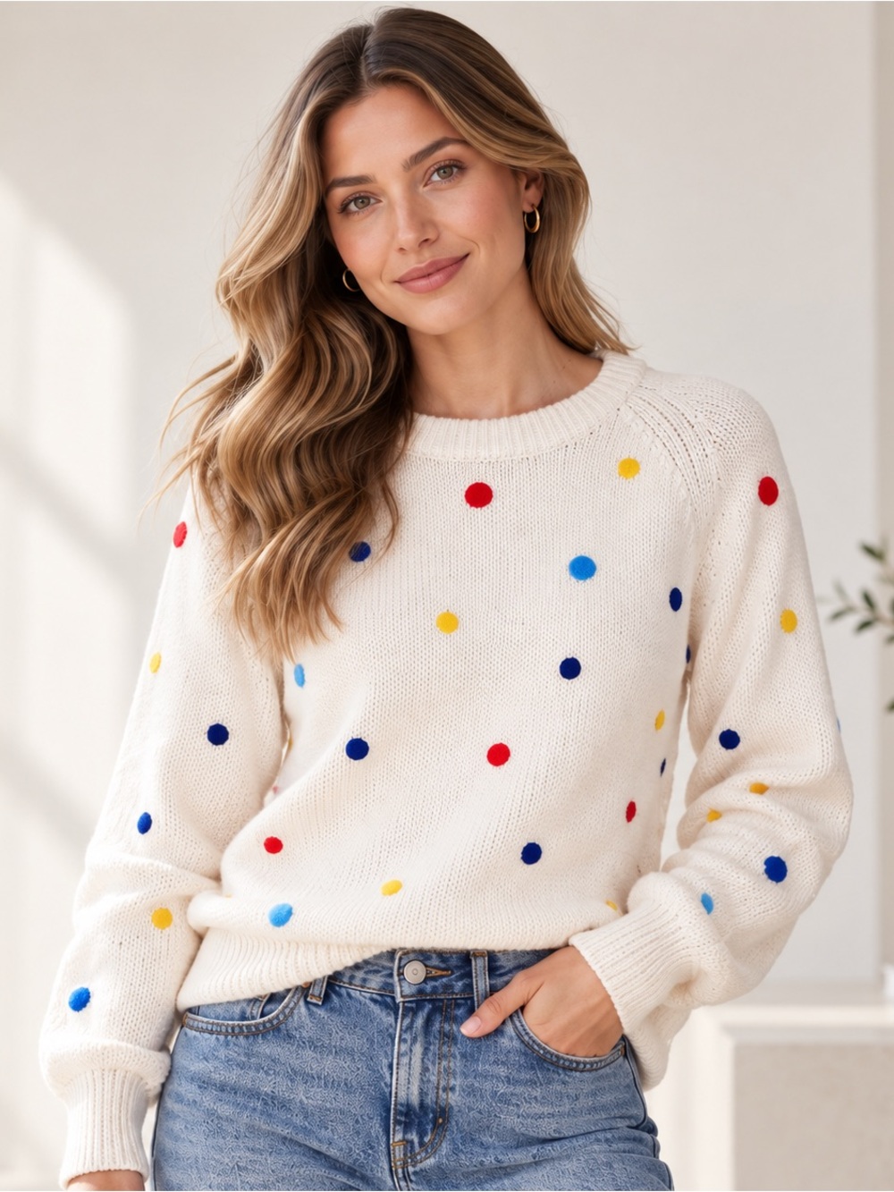 Tory Burch Sport Ivory Wool Blend Polka Dot Crewneck Sweater Heavyweight Size L